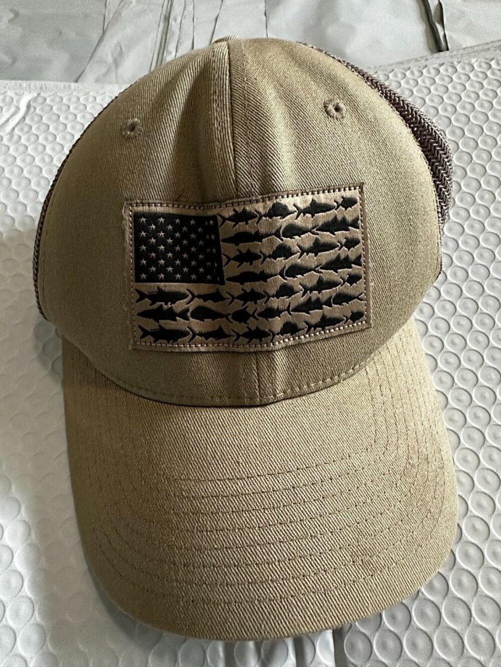 Columbia PFG Fish Flag Mesh Trucker Cap, Tan and Black, Elastic Strap